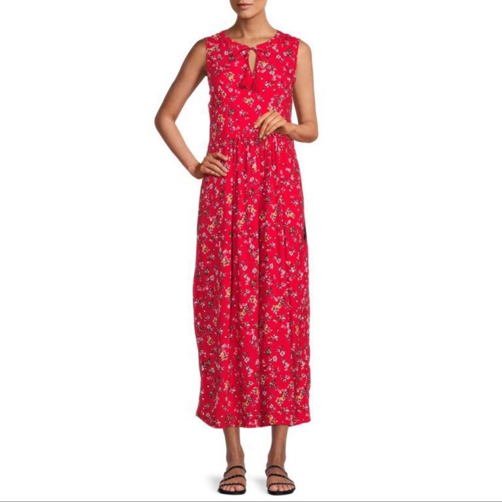 Floral Sleeveless Red Maxi Dress